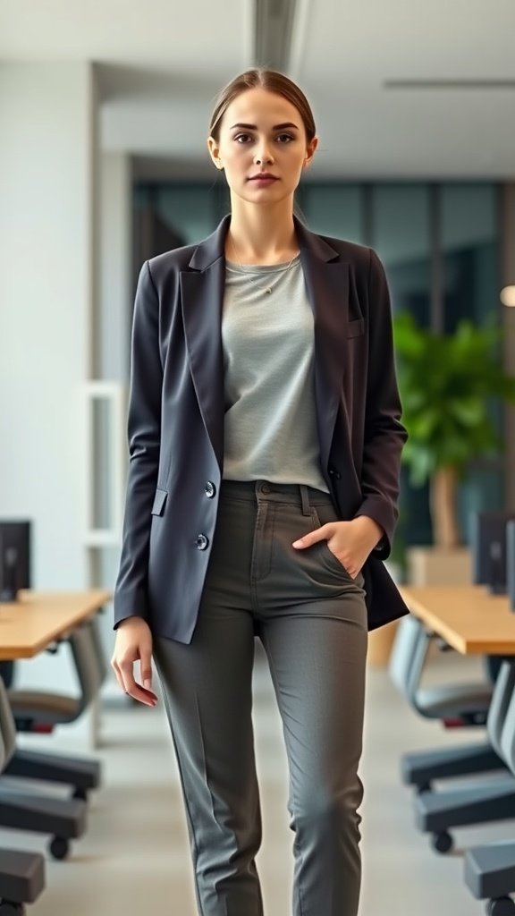 Una mujer que viste un blazer oscuro sobre una camiseta gris informal, combinada con pantalones a medida, parada en un espacio de oficina.