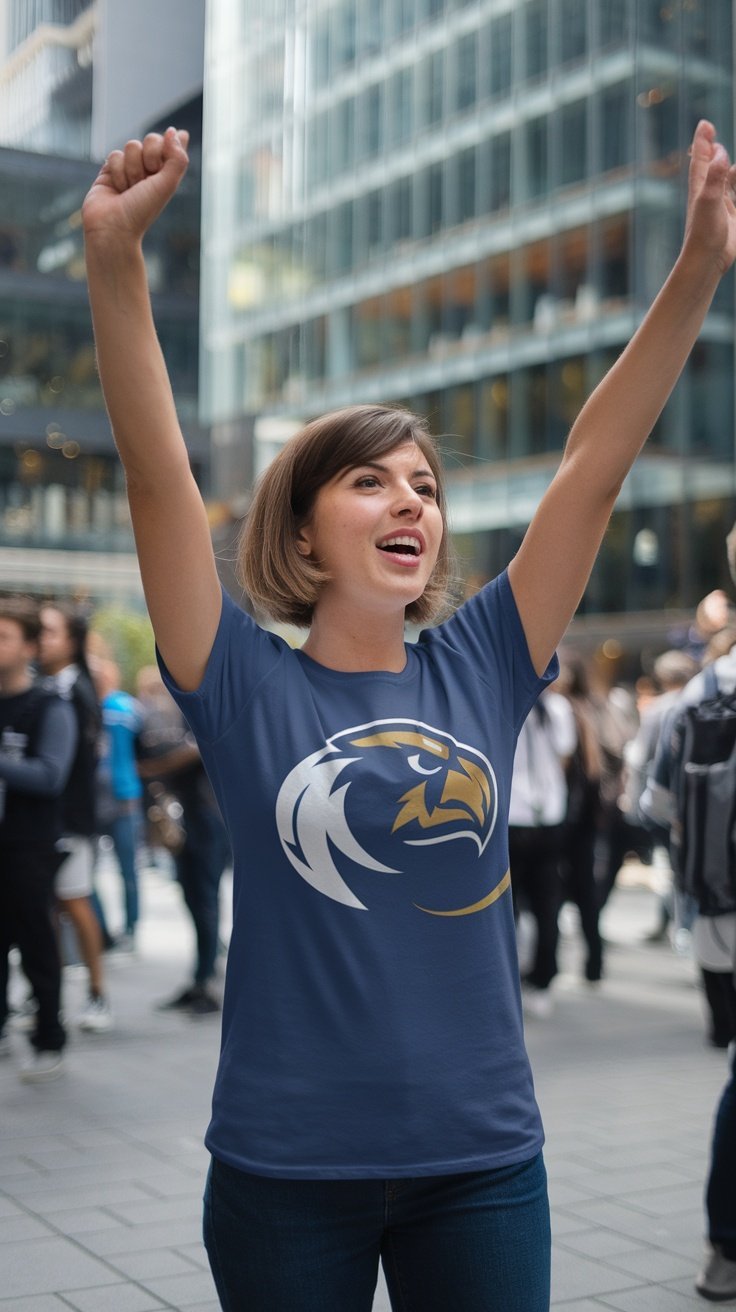 Una mujer celebrando con una camiseta con un gráfico de un equipo deportivo y el puño en alto en un entorno urbano.