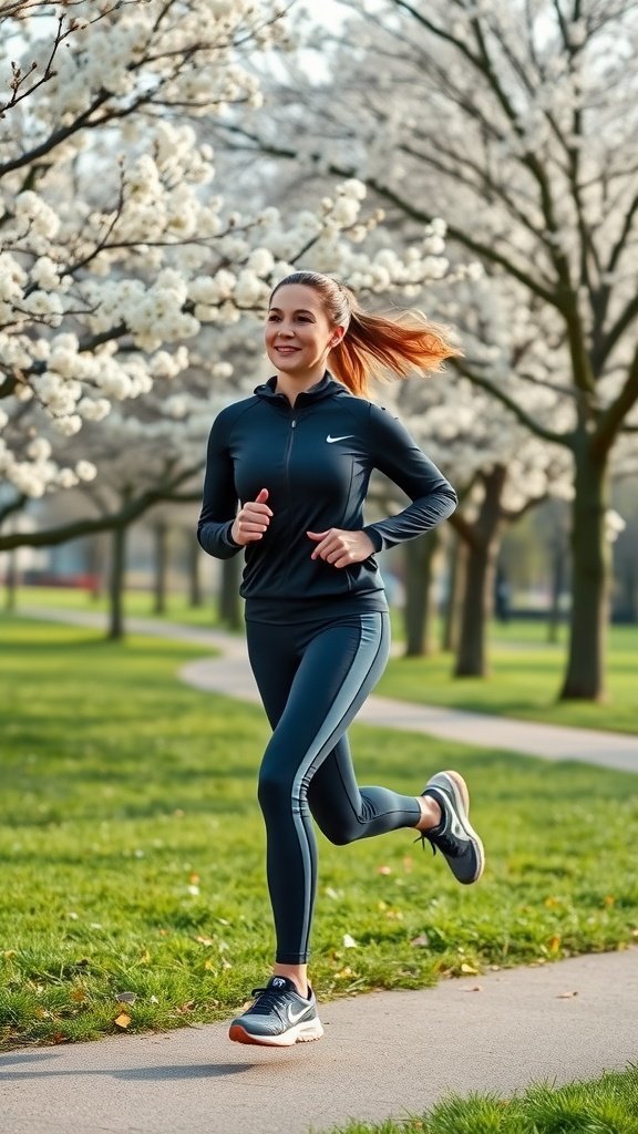 Una mujer corriendo con un traje deportivo negro rodeada de árboles en flor en primavera.