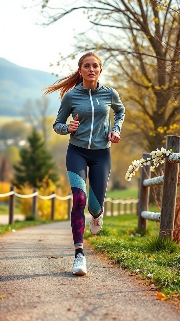Uma mulher correndo com uma roupa esportiva, um moletom com zíper e leggings coloridas.
