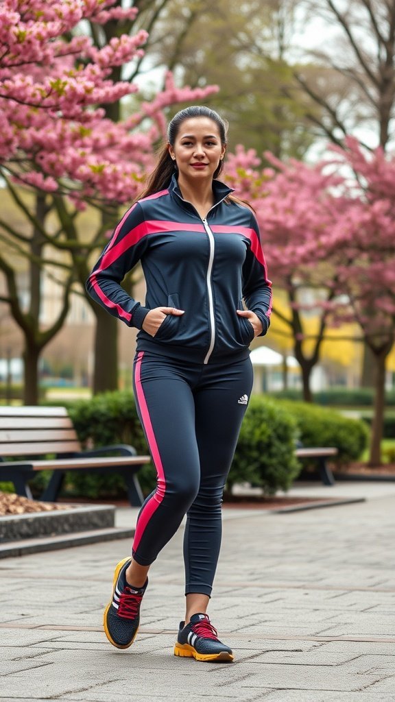 Uma mulher vestindo um agasalho esportivo em um parque com flores rosas desabrochando.