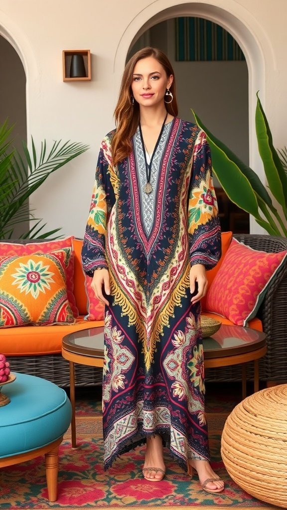 Una mujer vistiendo un caftán con un estampado vibrante, parada en un salón colorido con plantas y almohadas decorativas.