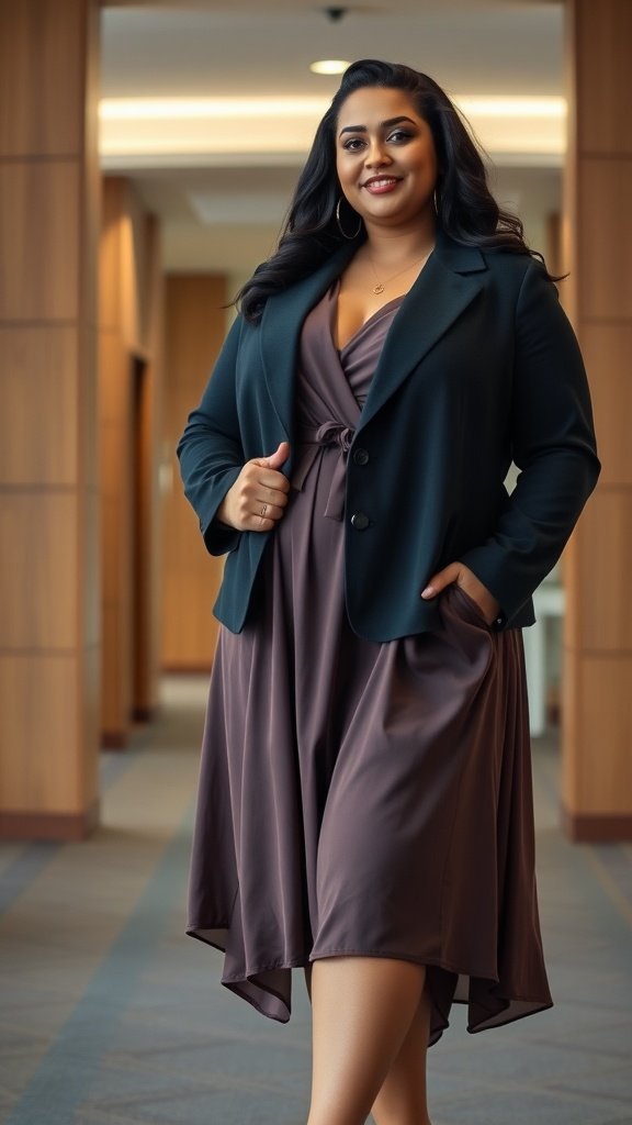 Uma mulher vestindo um blazer estruturado sobre um vestido fluido, sorrindo confiante.