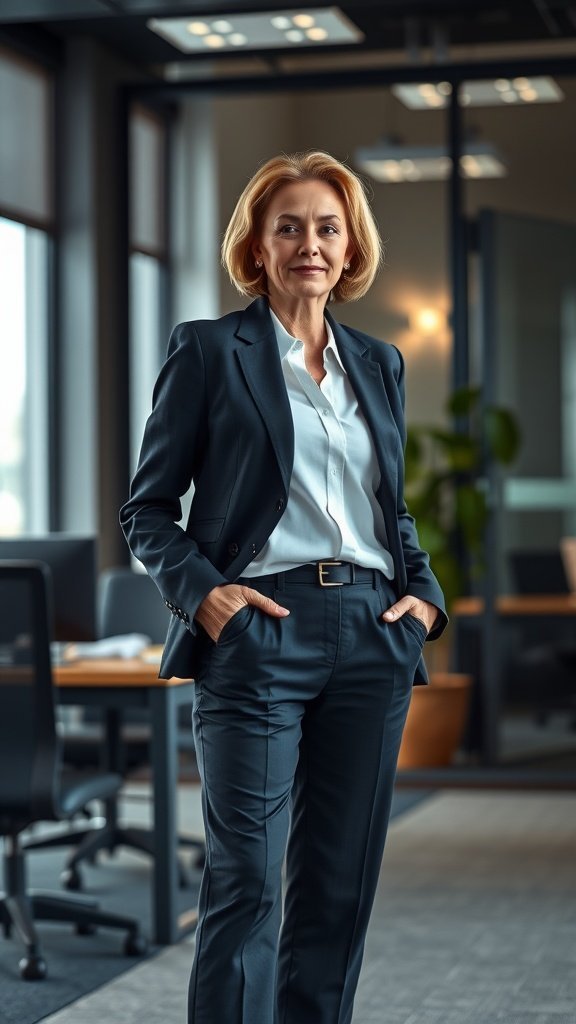 Uma mulher vestindo um blazer feito sob medida, em pé, confiante, em um escritório moderno ao fundo.