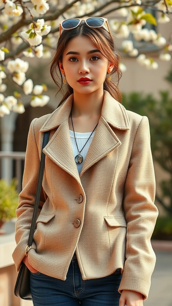 Una mujer que lleva una chaqueta beige texturizada y tiene una expresión relajada.