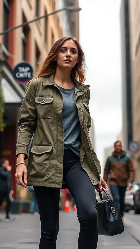 Una mujer camina con confianza con una chaqueta utilitaria, una camiseta básica y leggings en una calle de la ciudad.