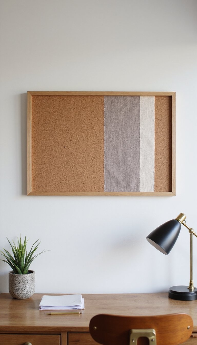 Cork bulletin board with fabric overlay