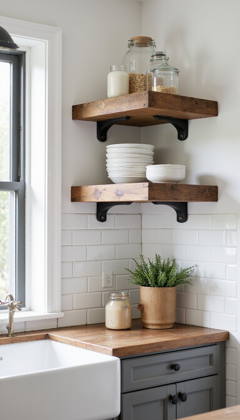 Open shelving from reclaimed wood planks