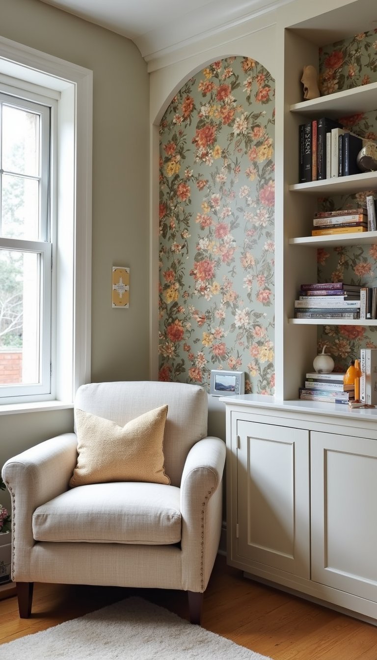 Peel-and-stick wallpaper on a small accent nook