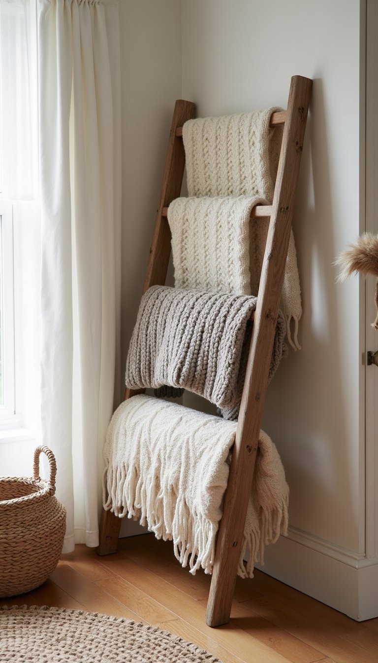 Repurpose a ladder into towel or blanket storage