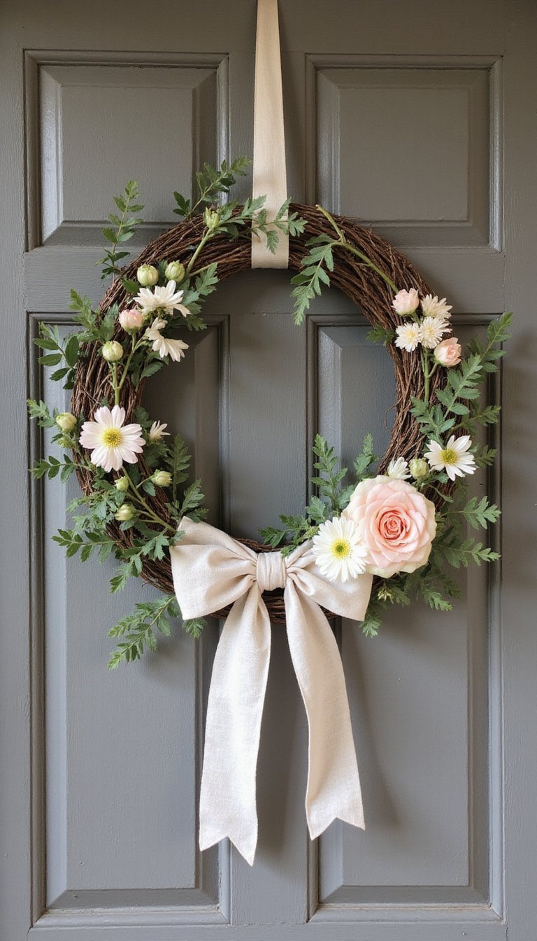 Floral grapevine wreath with mixed textures