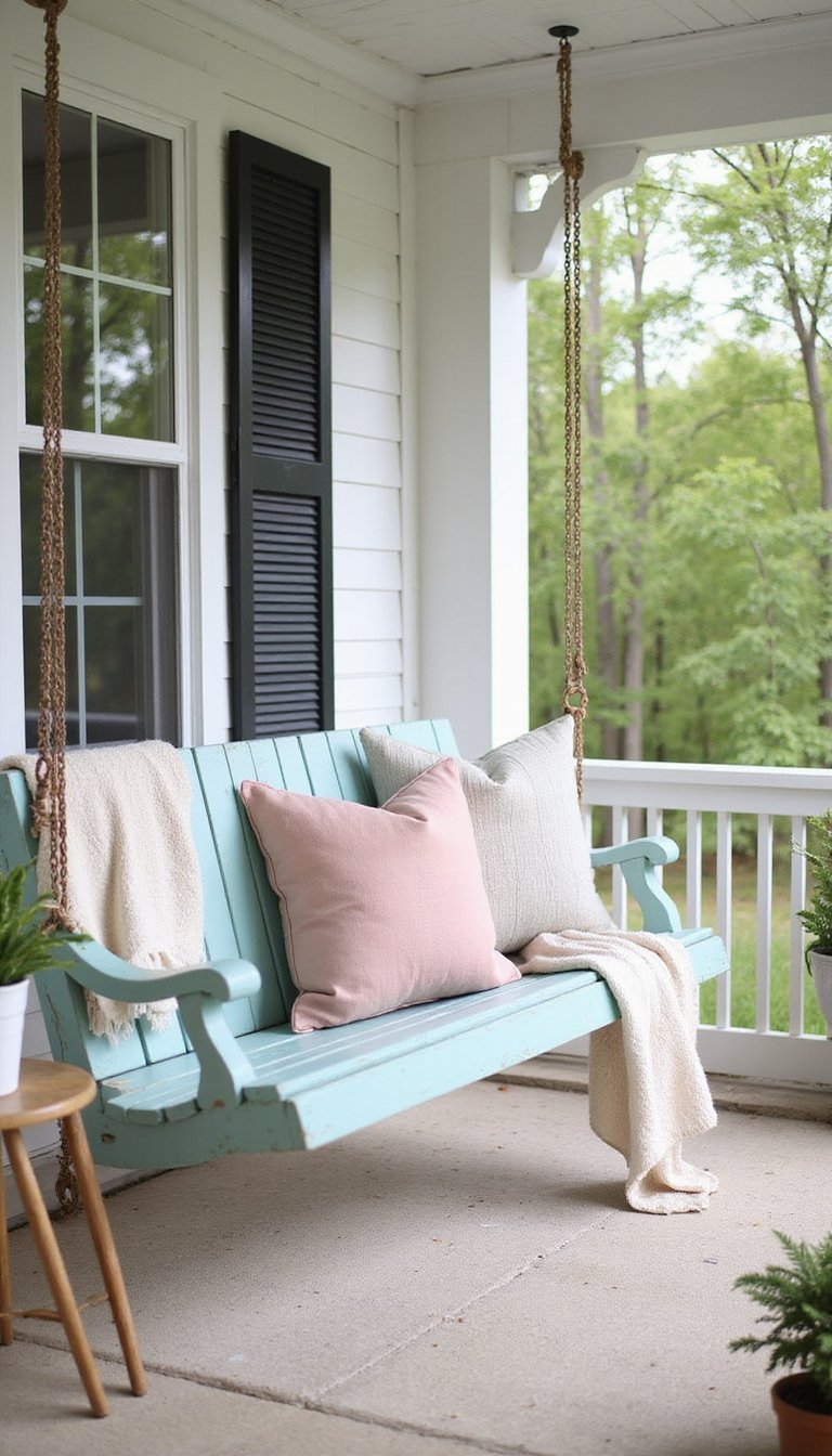 Porch swing styled with spring pillows