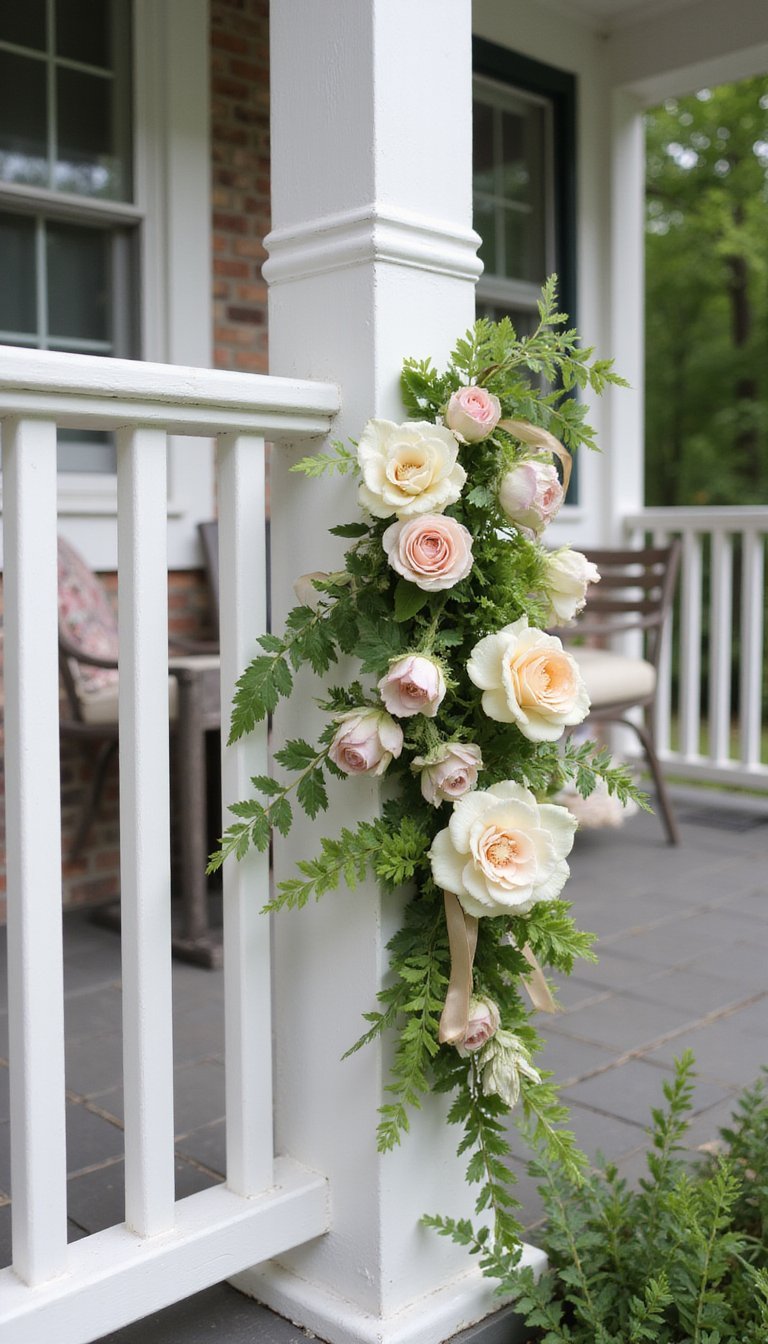 Rail garland woven with blooms and ribbon
