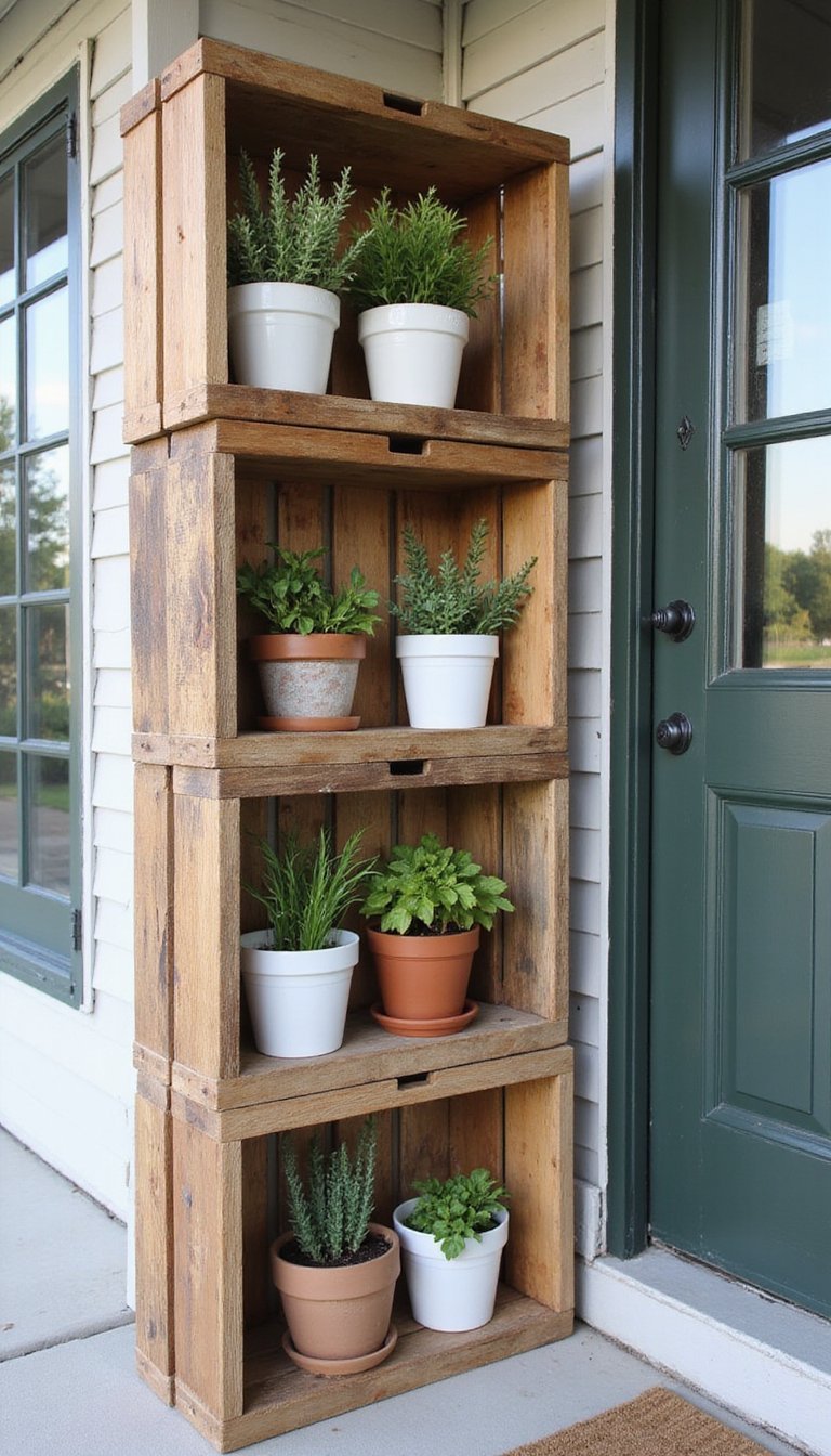 Stacked rustic crates as plant display