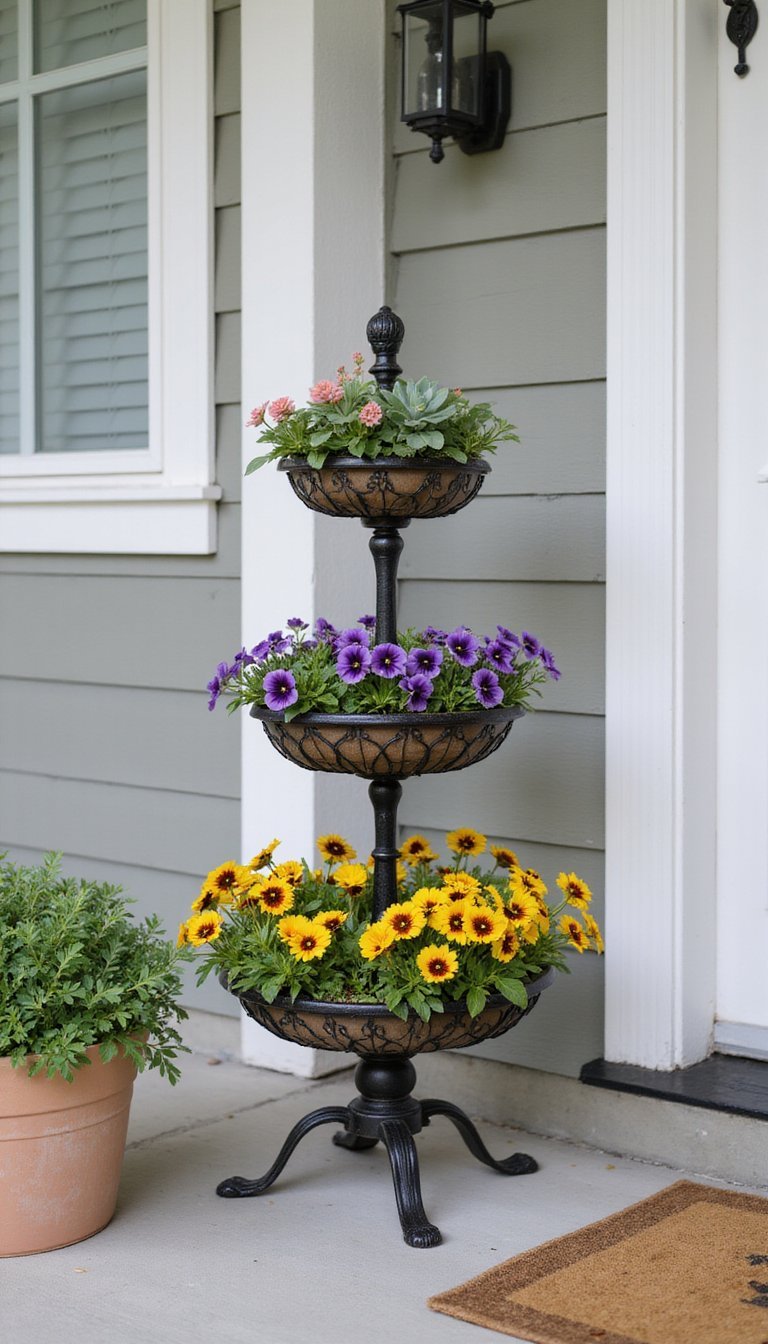Tiered plant stand full of color