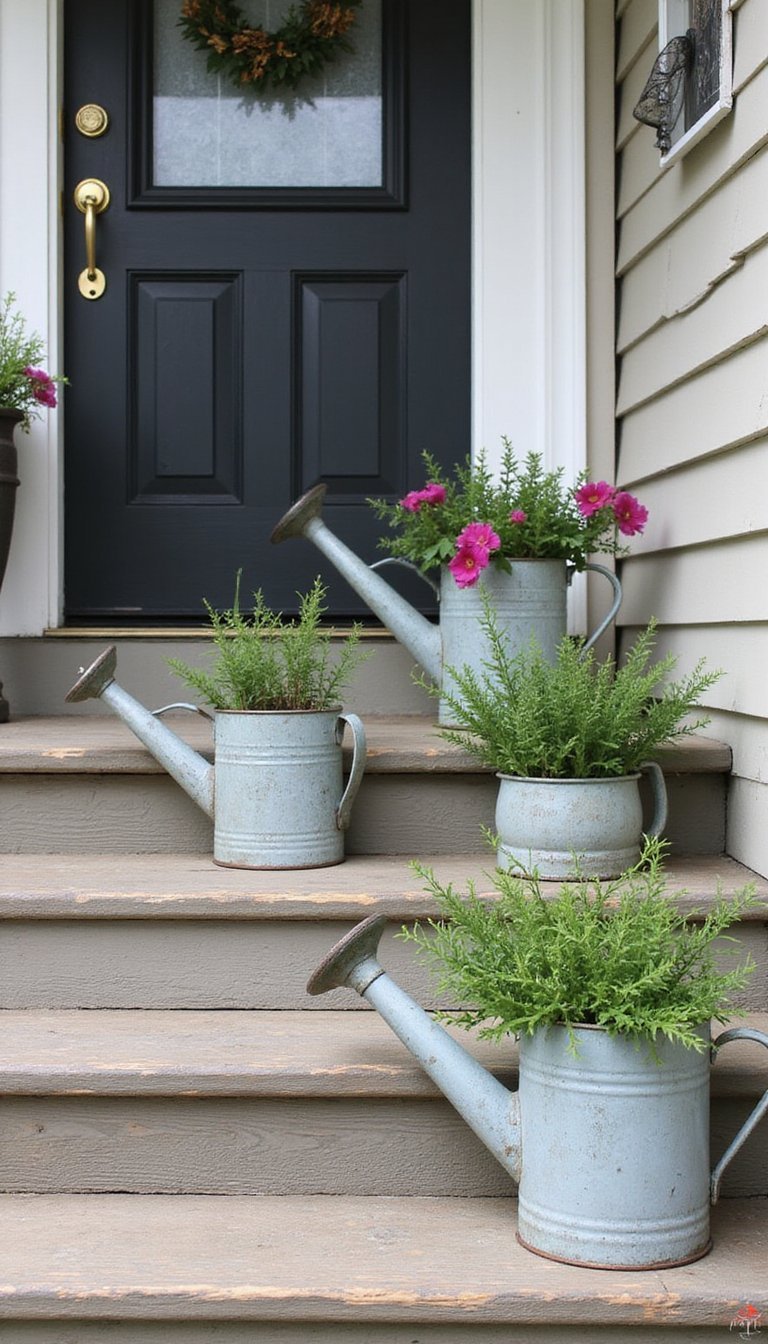 Vintage watering cans used as planters