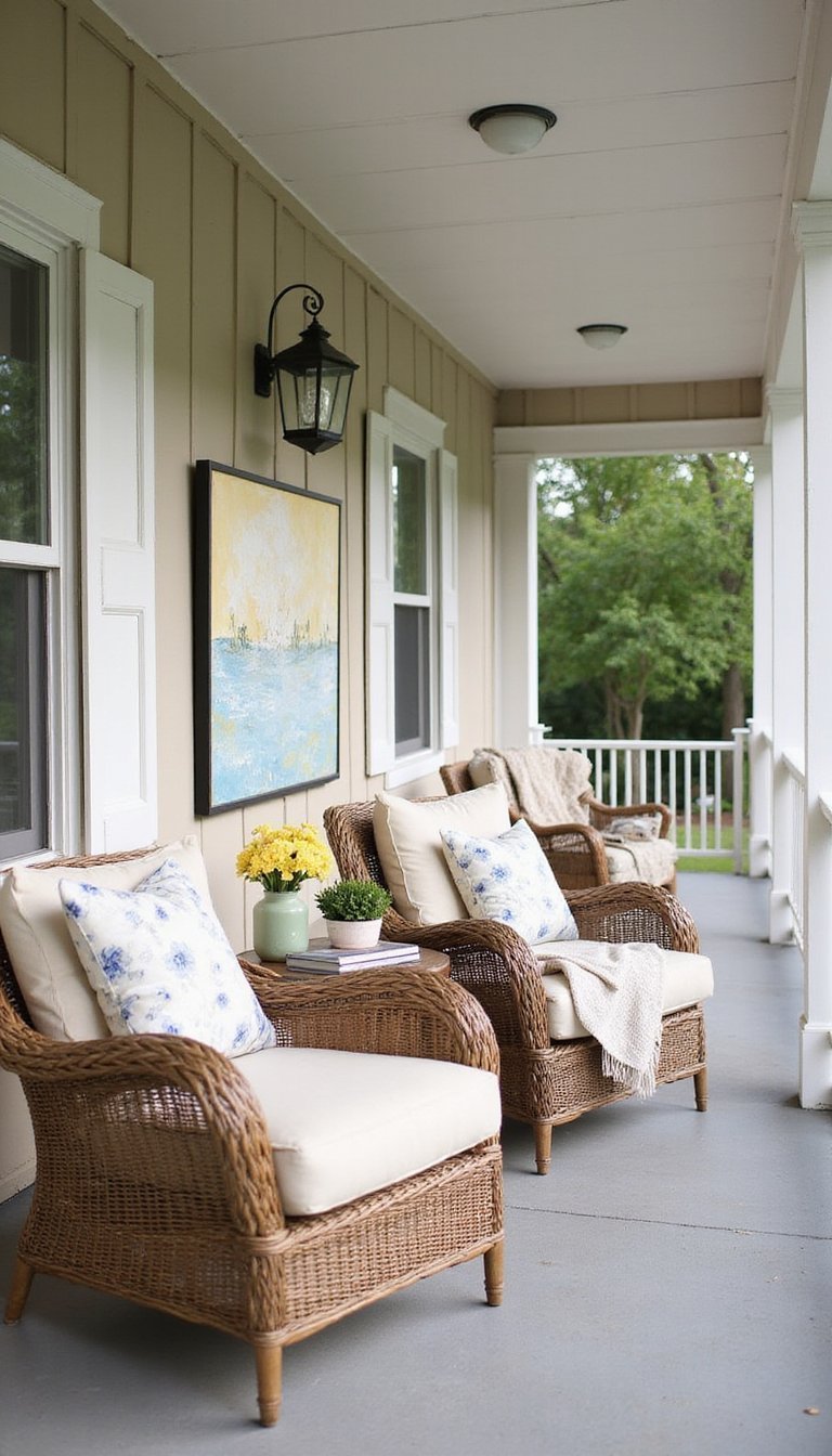 Wicker furniture and layered throws outdoors