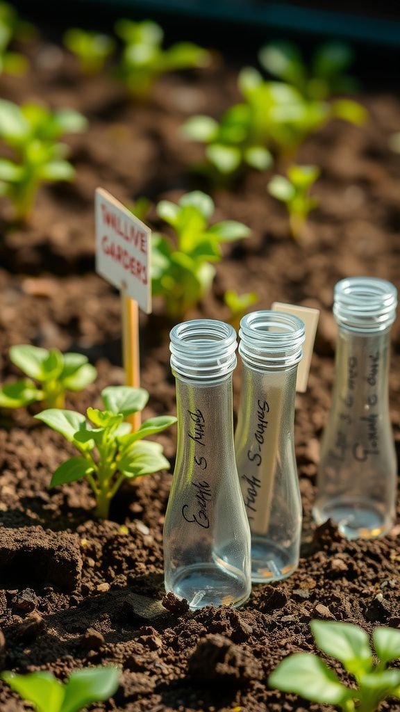 Charming garden markers from bottle necks and labels