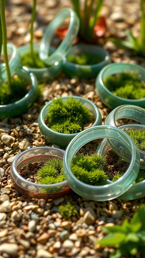 Mosaic garden art with trimmed bottle rings