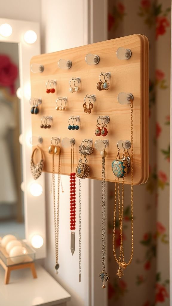 Quirky jewelry organizer from bottle rings and hooks