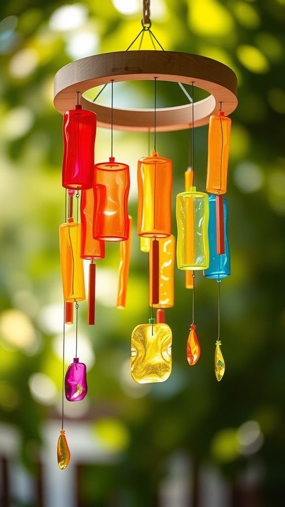 Tinkling wind chime made from colorful bottle bottoms