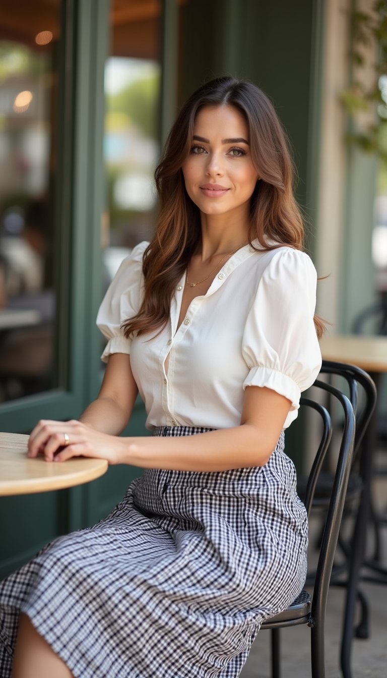 Gingham Midi Skirt with Blouse