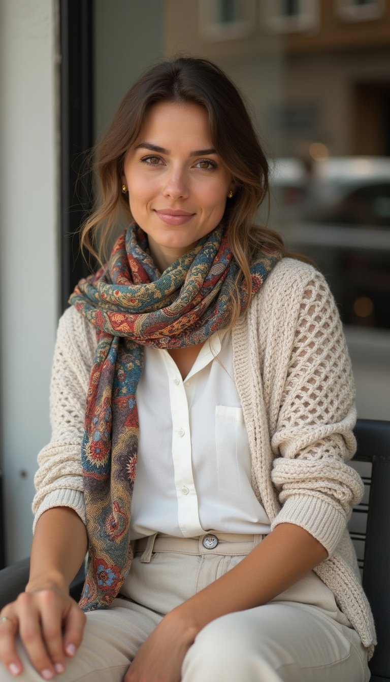 Layered Neutrals with Statement Scarf