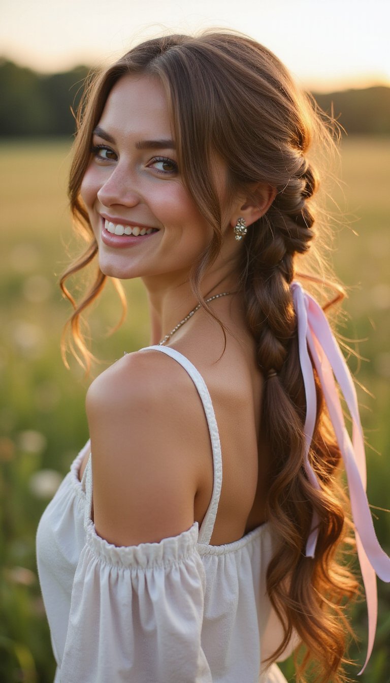 Boho Side Braid Tied With Ribbon Streamer