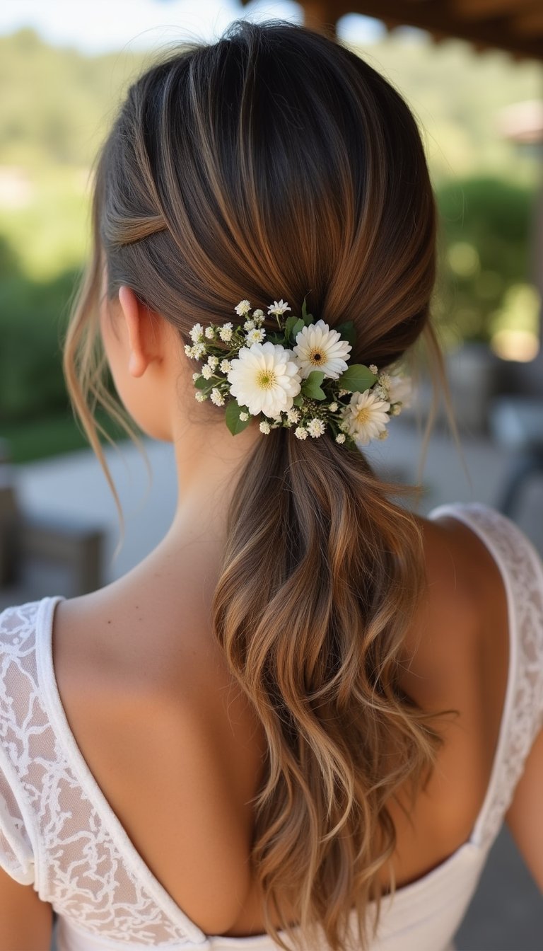Flower-Studded Low Ponytail For Casual Chic