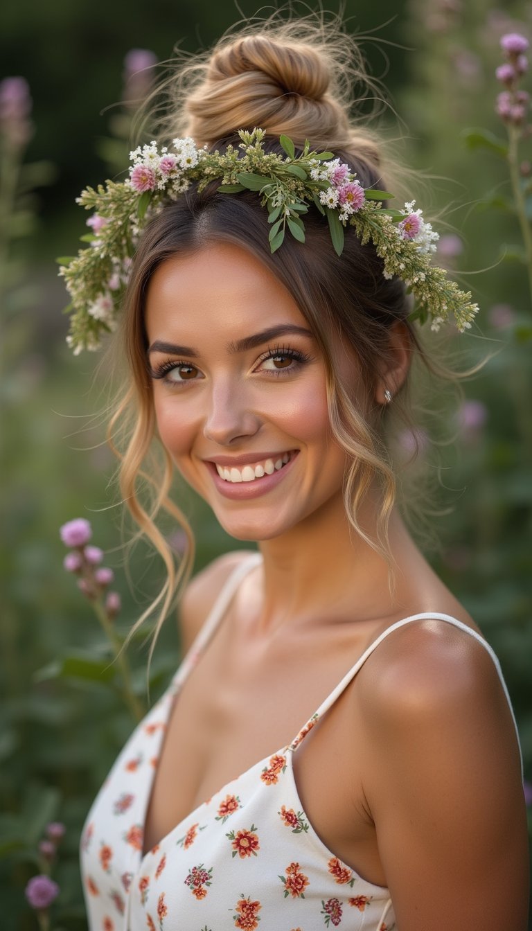 Messy Top Knot With Floral Wreath Accent