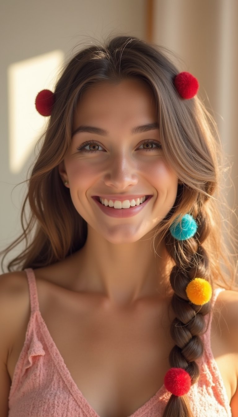 Pom-Pom Accessory Cluster On Braided Hair