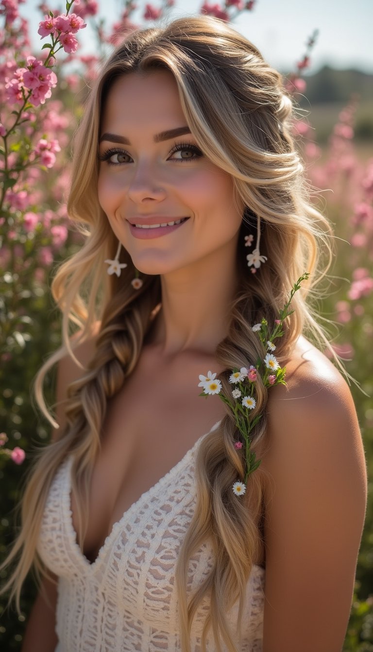 Waterfall Braid Pinned With Fresh Flowers