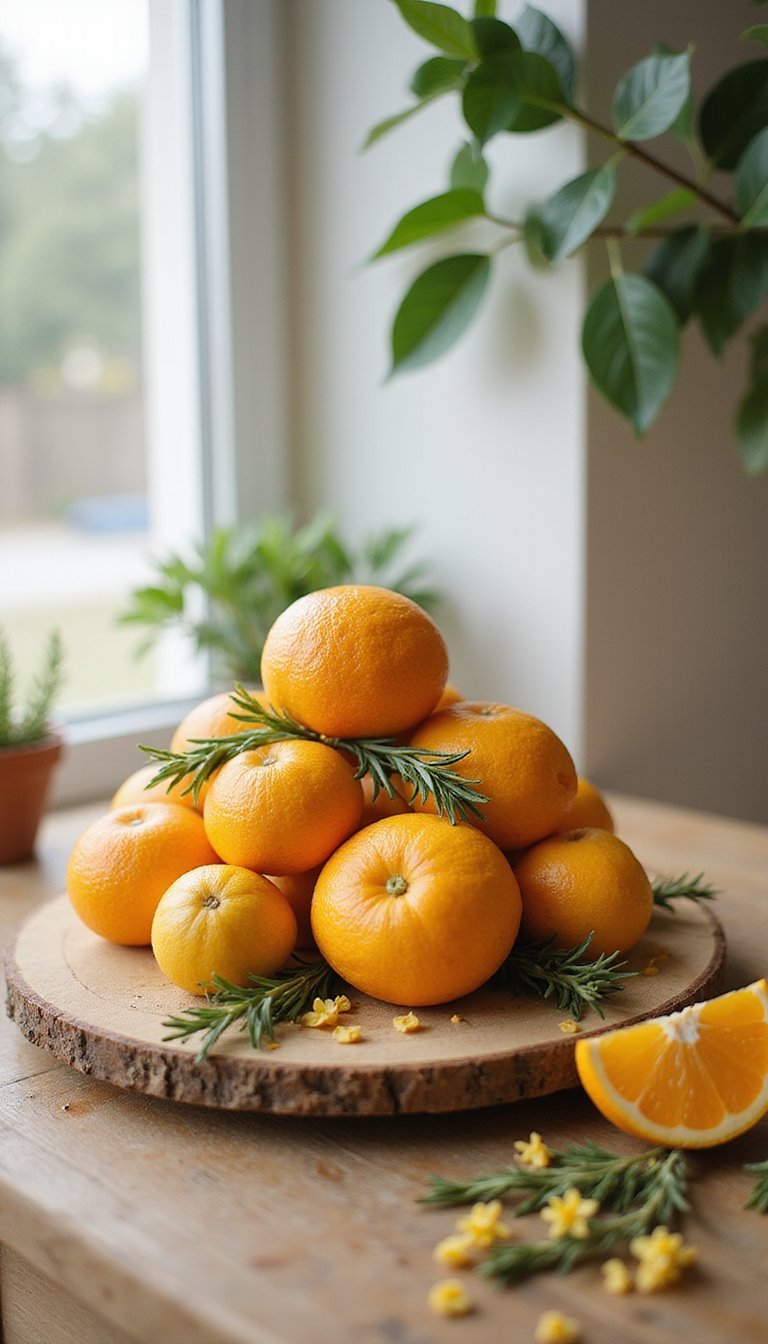 Edible centerpiece: citrus, rosemary, and blooms