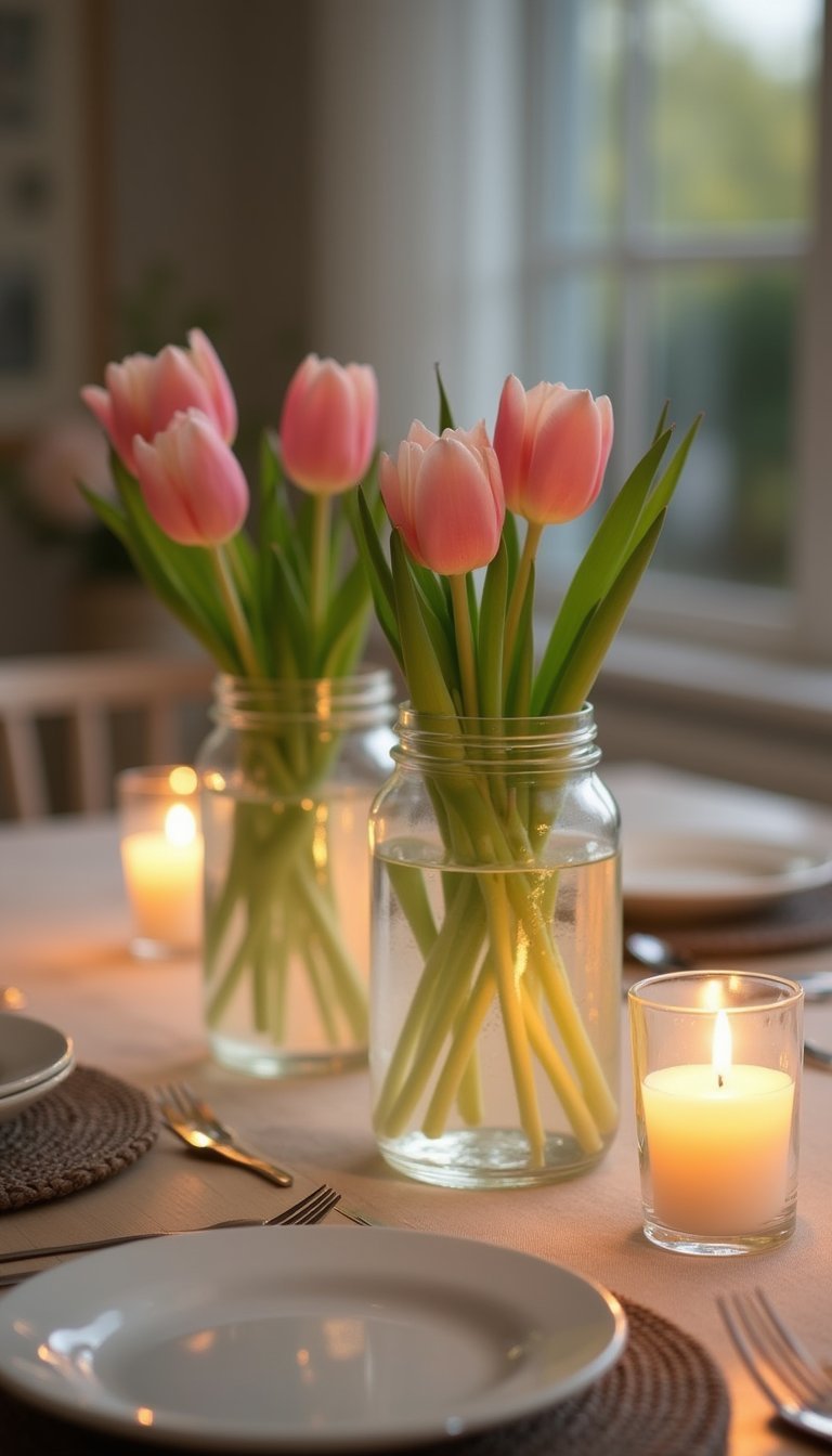 Floating candle jars with submerged tulip stems