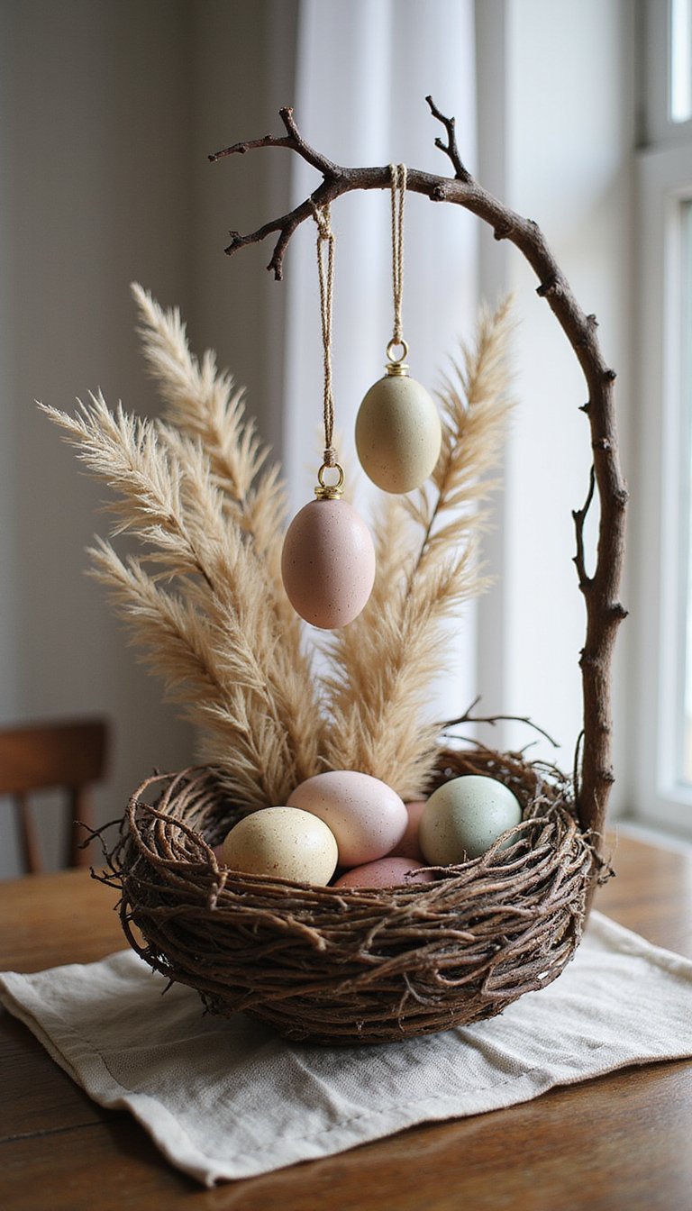 Foraged twig nest with hanging painted eggs