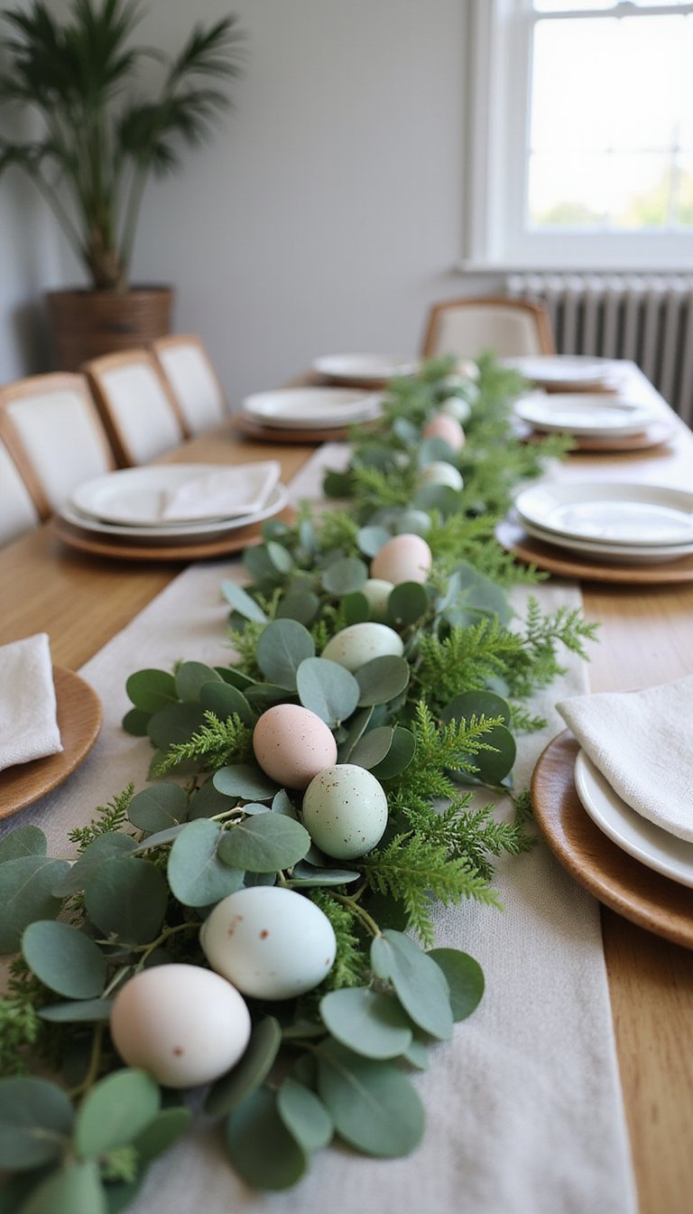 Fresh greenery runner with pastel eggs