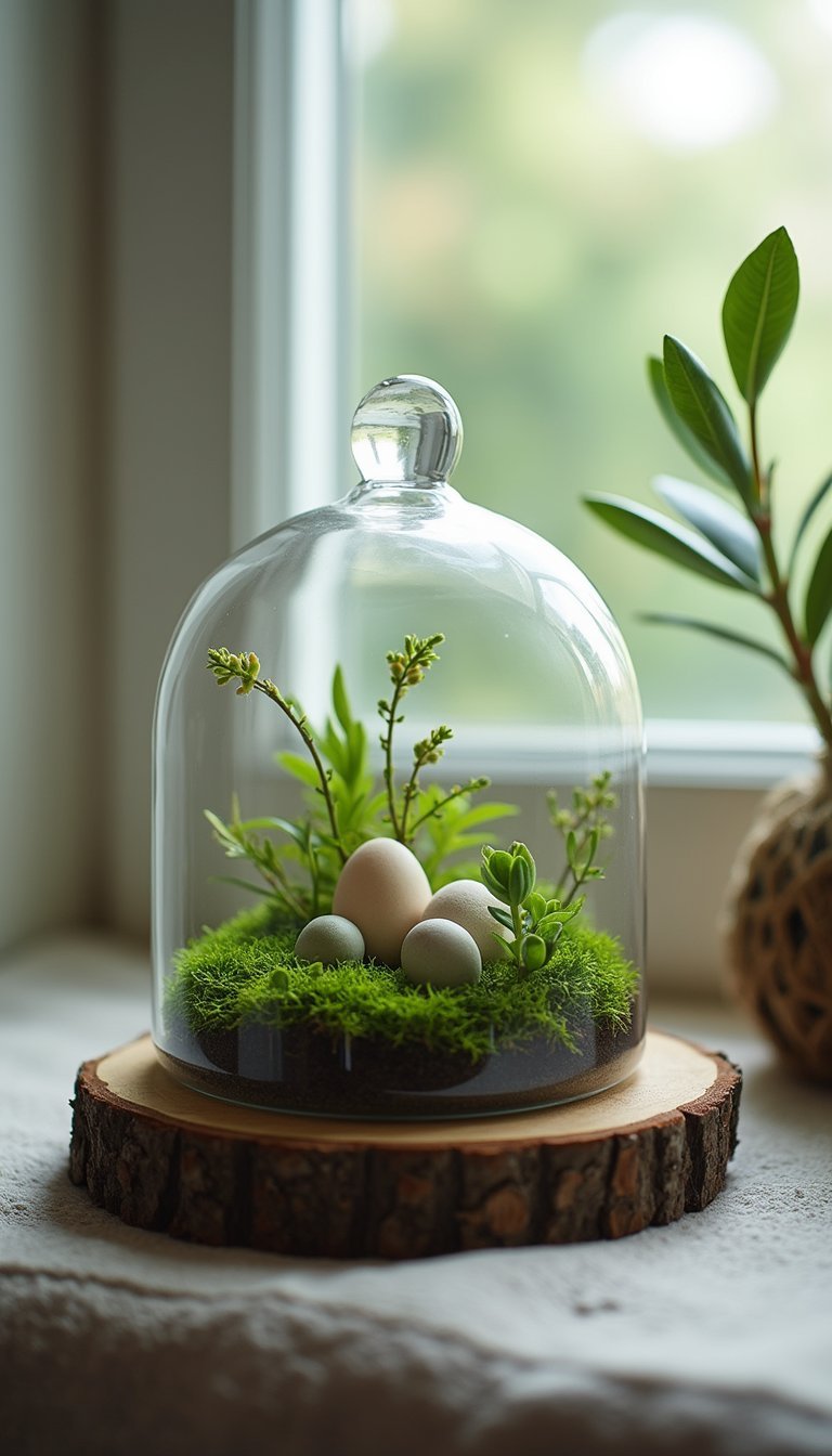 Glass cloche terrarium with mini eggs and moss
