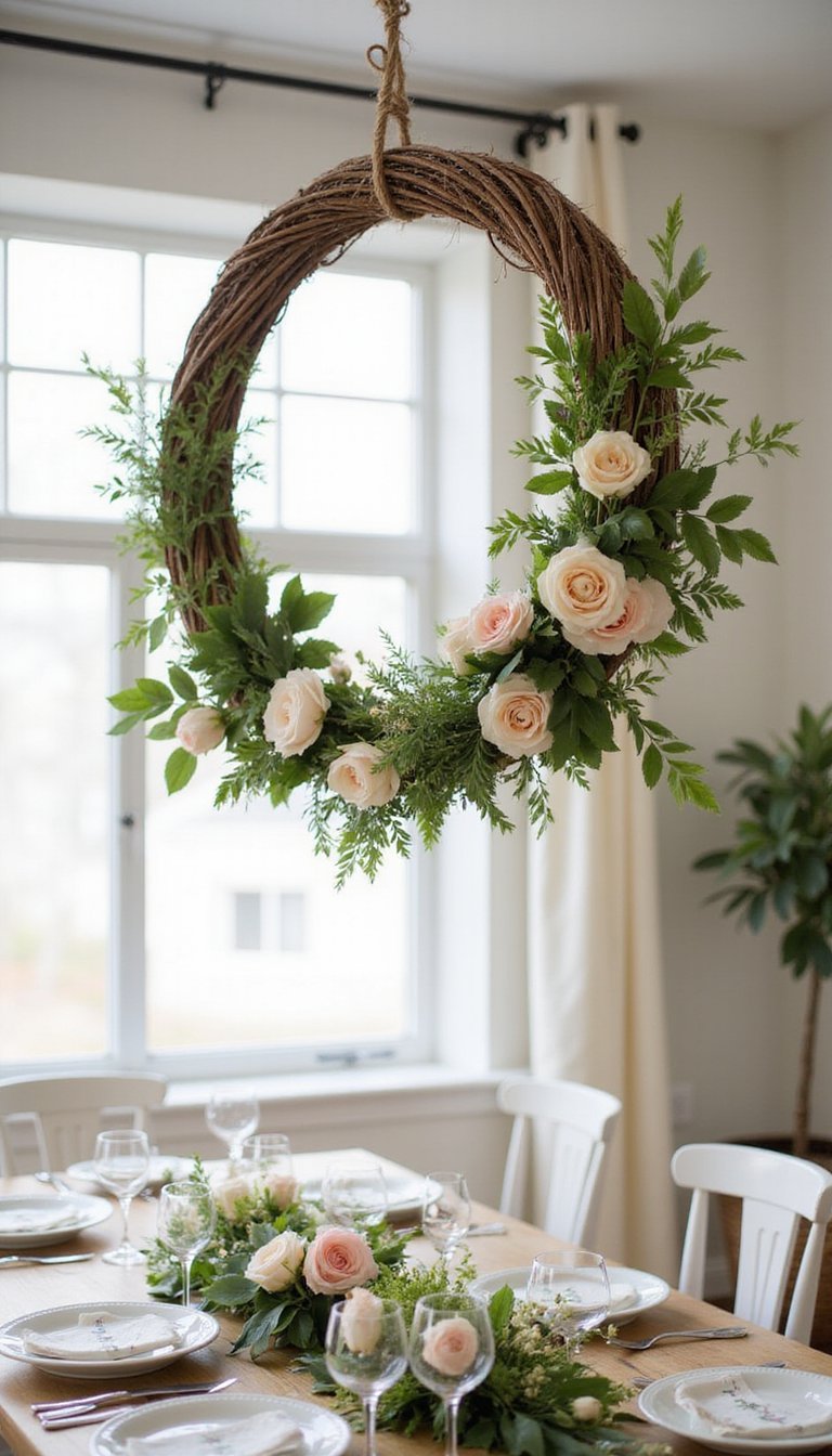 Hanging floral halo over the dining table
