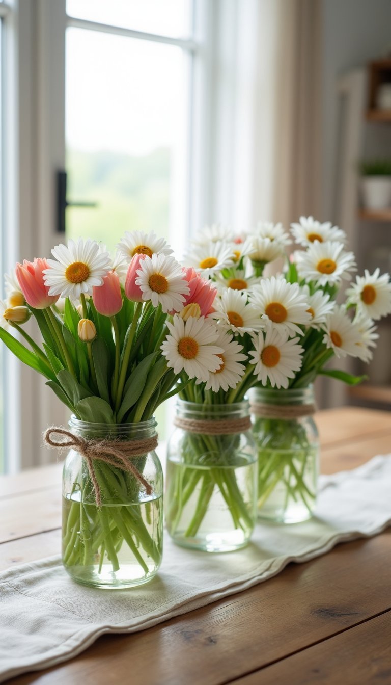 Mason jar cluster with twine and daisies