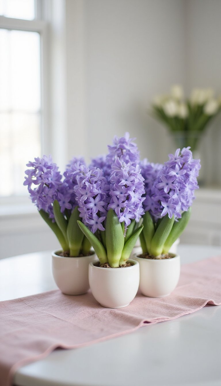 Mini potted hyacinths lined down the runner