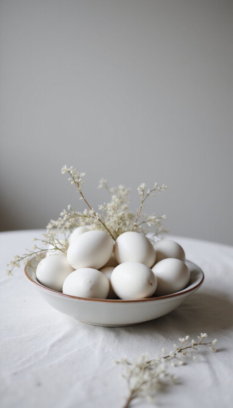 Monochrome white egg display in ceramic bowl