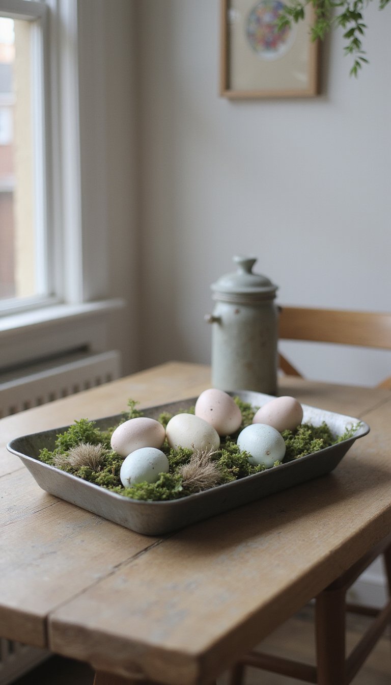 Painted plaster eggs in a rustic metal tray