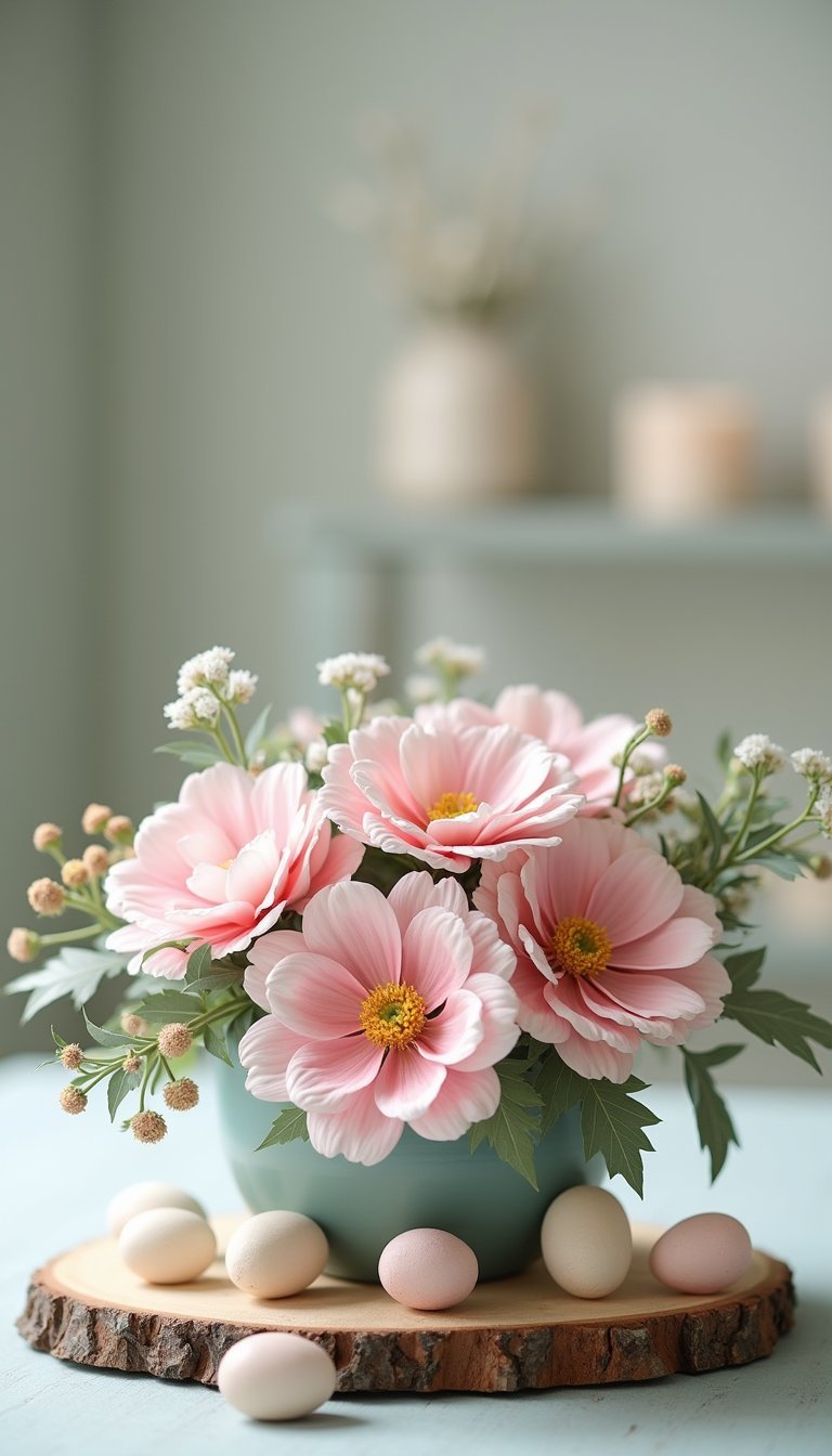 Pastel paper flowers on a wooden board