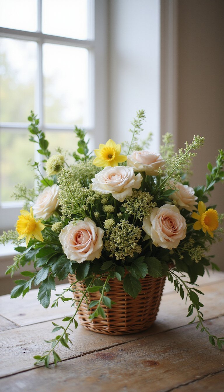 Rustic wicker basket overflowing with spring blooms