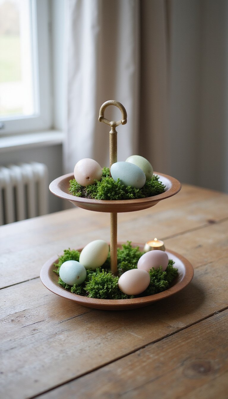Tiered tray scene: eggs, candles, and moss