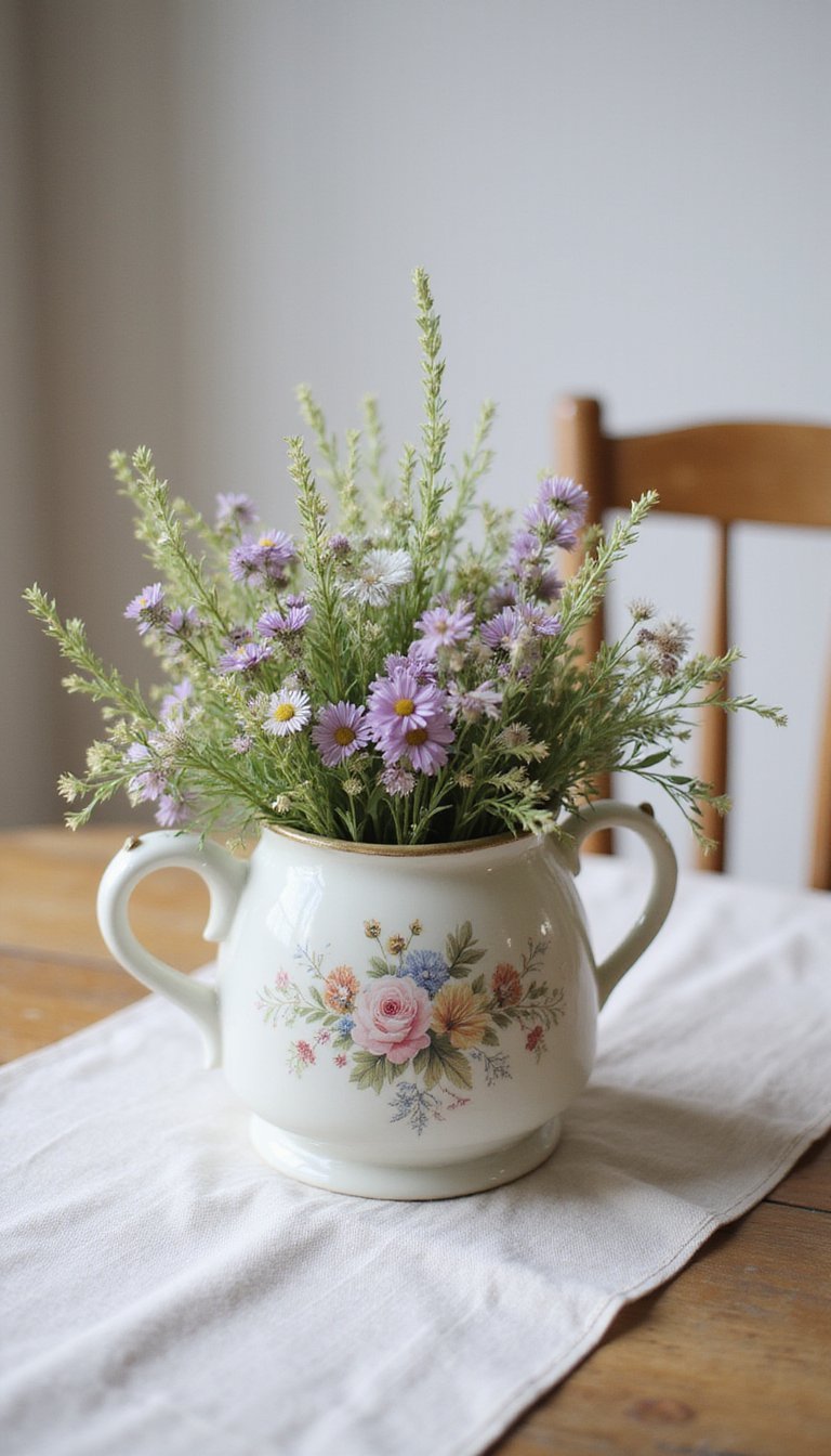 Vintage teapot centerpiece filled with wildflowers
