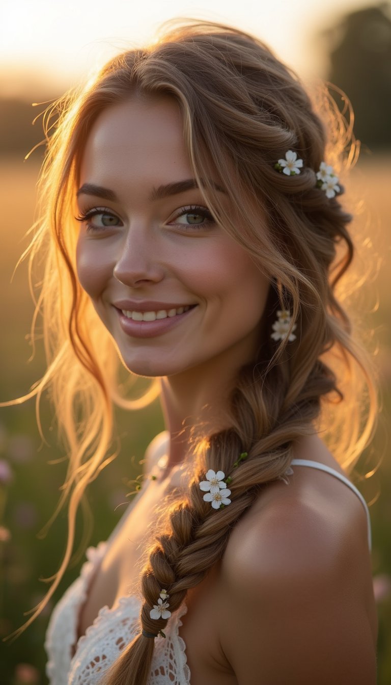 Messy Boho Braid With Tiny Flower Accents