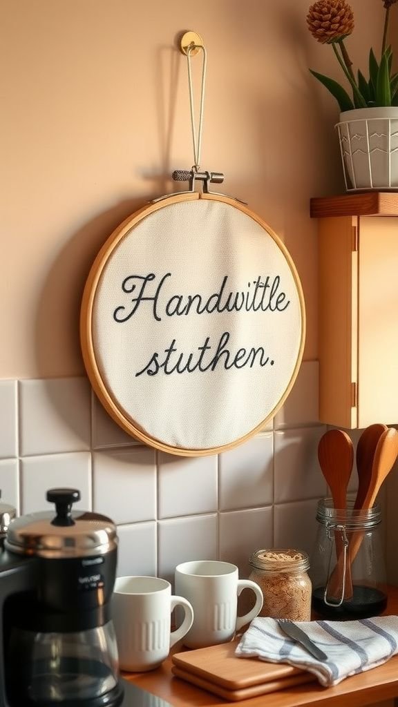 Framed quote embroidery for a kitchen wall