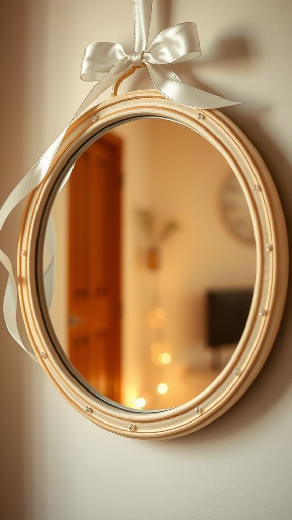 Hoop mirror trimmed with ribbon and beads