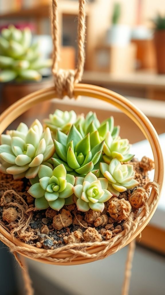 Hoop planter hanger with small succulents